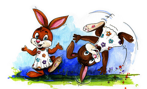 Hasenjunge Hubsi. Eine Illustration von Oskar Pointecker aus den Ostergeschichten von Sabine Aigner in Velden am Wörthersee. Osternestsuche am Ostermarkt.