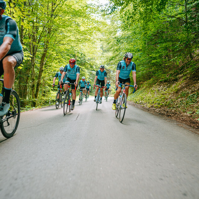 <p>Gruppe bei einer Rennrad Tour am Wörthersee. Entspannter Genuss bei selektiven Routen am Straßenrad.</p>