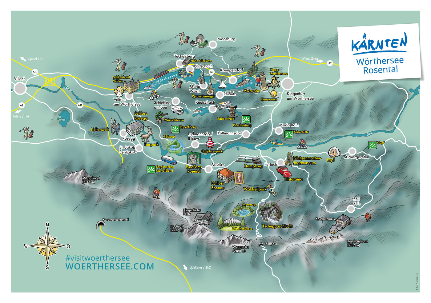 <p>Gezeichnete Landkarte mit den Ausflugszielen und Sehenswürdigkeiten der Region Wörthersee-Rosental in Kärnten.</p>