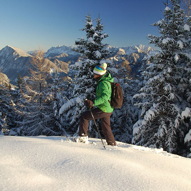 <p>Schneeschuhwanderung im Tiefschnee im Rosentaler Bodental. Bergkulisse im Hintergrund.</p>